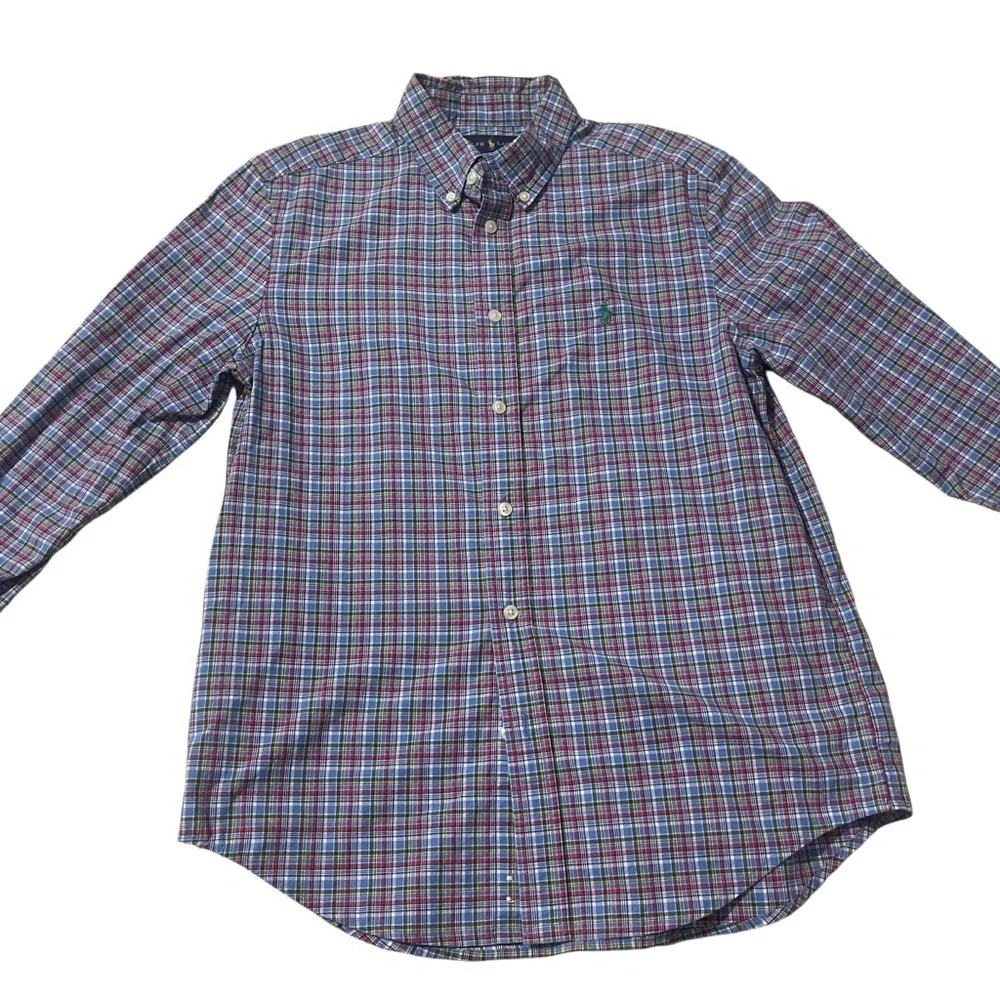 Ralph Lauren Boys Button Up Shirt Classic Blue Plaid Long Sleeve Youth Sz 14-16